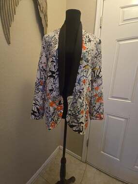 CMNC‎ Woman Floral Print Collarless Open Front Kimono Blazer